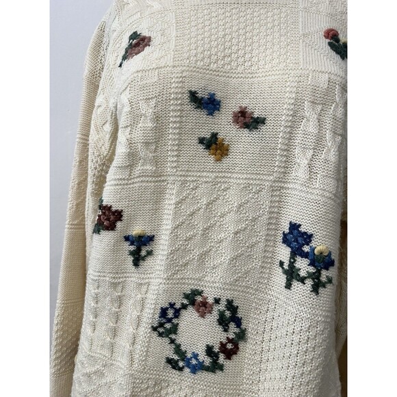 Yessiva Cream Floral Crochet Knit Embroidered Rustic Crew Neck Wool Sweater Med - Picture 6 of 10